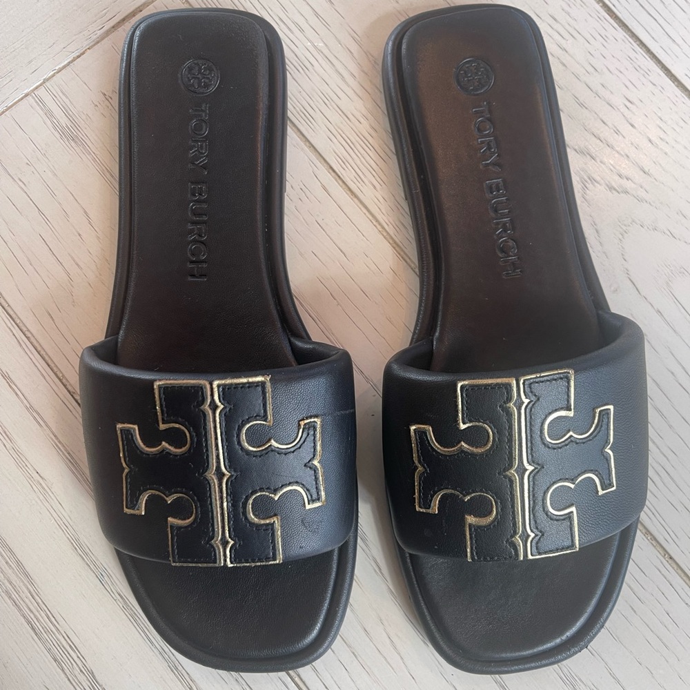 Gorgeous Tory Burch Black Leather Slides with Gold Detailing! - Picture 2 of 14
